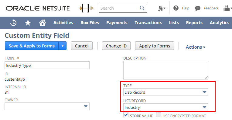 Custom Entity Fields ListRecord Type